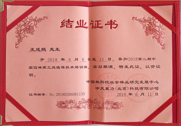 中國園林高工效植技術培訓結(jié)業(yè)證書